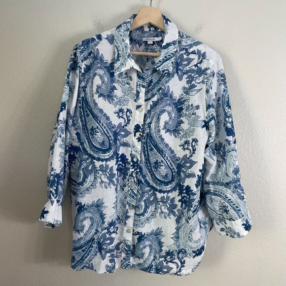Chicos Womens 16 Blue No Iron Paisley Linen Shirt Long Sleeve Button Up Blouse - Picture 6 of 12